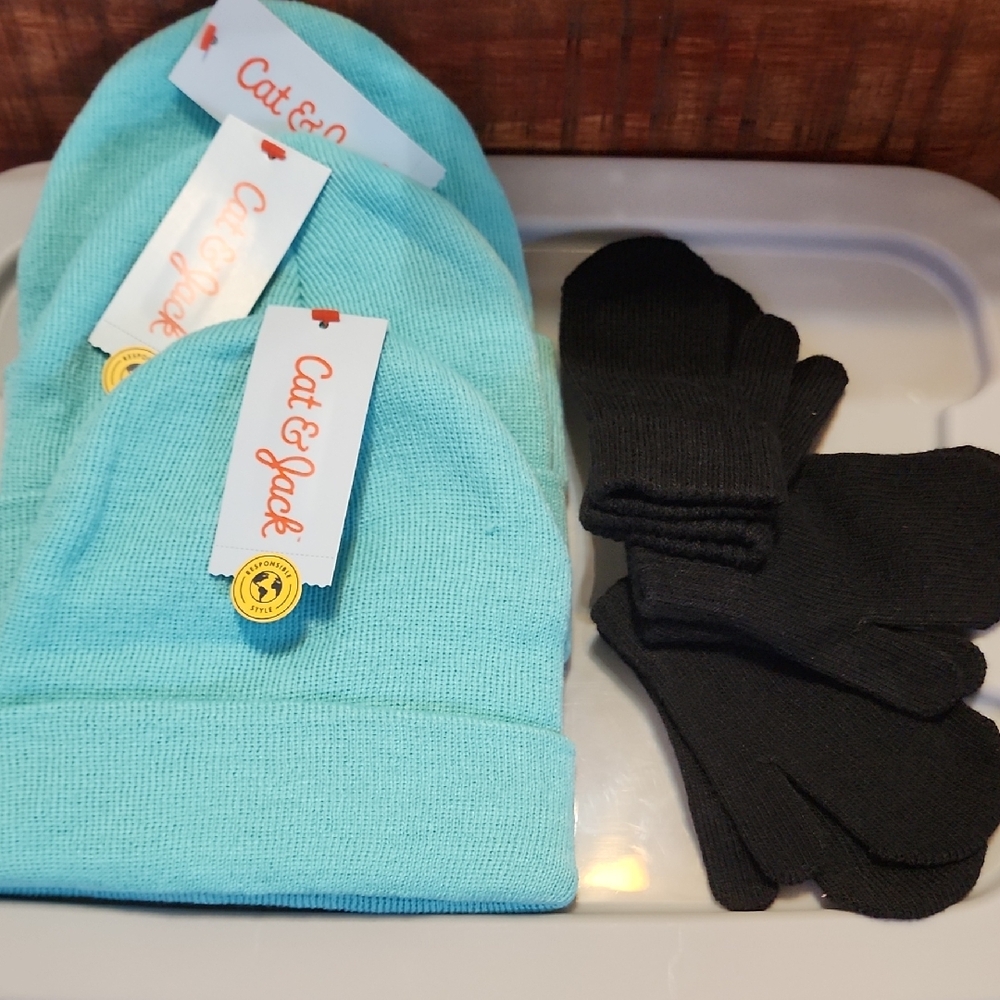 Cat & Jack Turquoise Beanie and Black Gloves Set